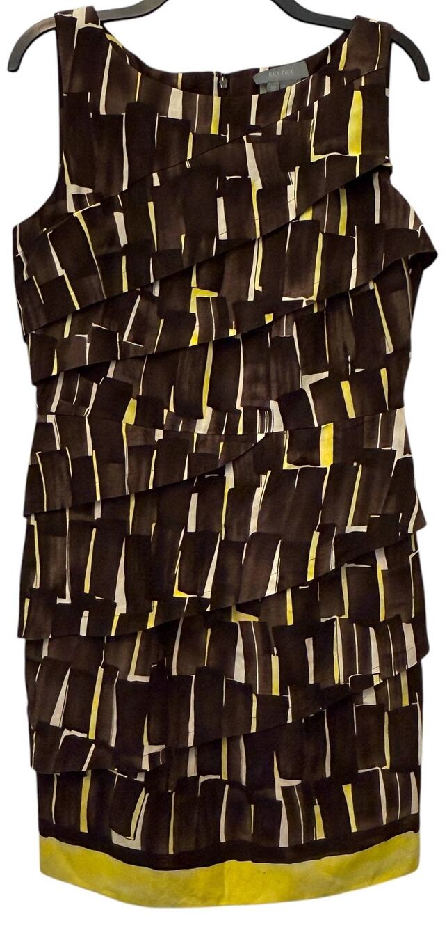 Eccoci Layered Shell Dress Brown Yellow Silk Linen Size 12